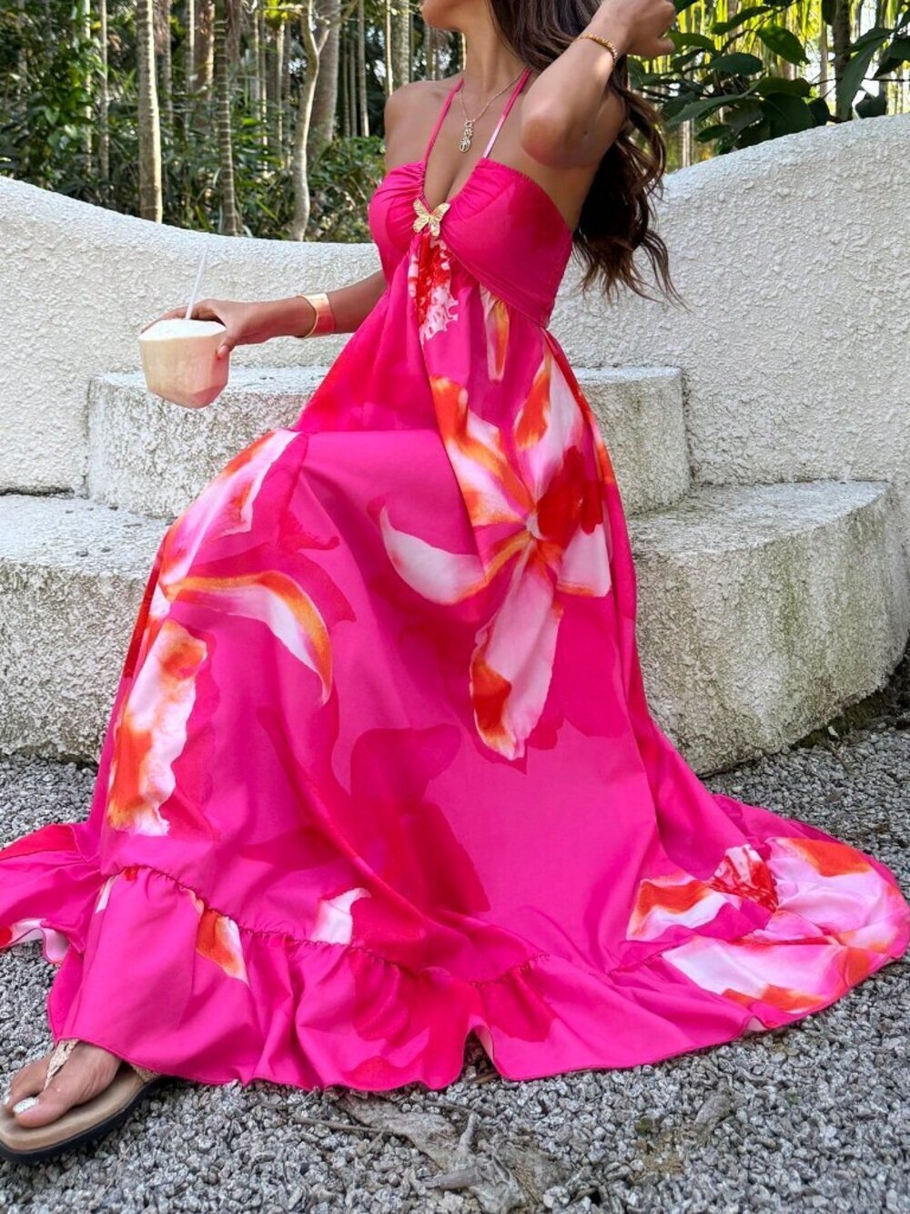 Hot Pink Boho Women's Floral Metal Decor detail Halter Maxi Dress